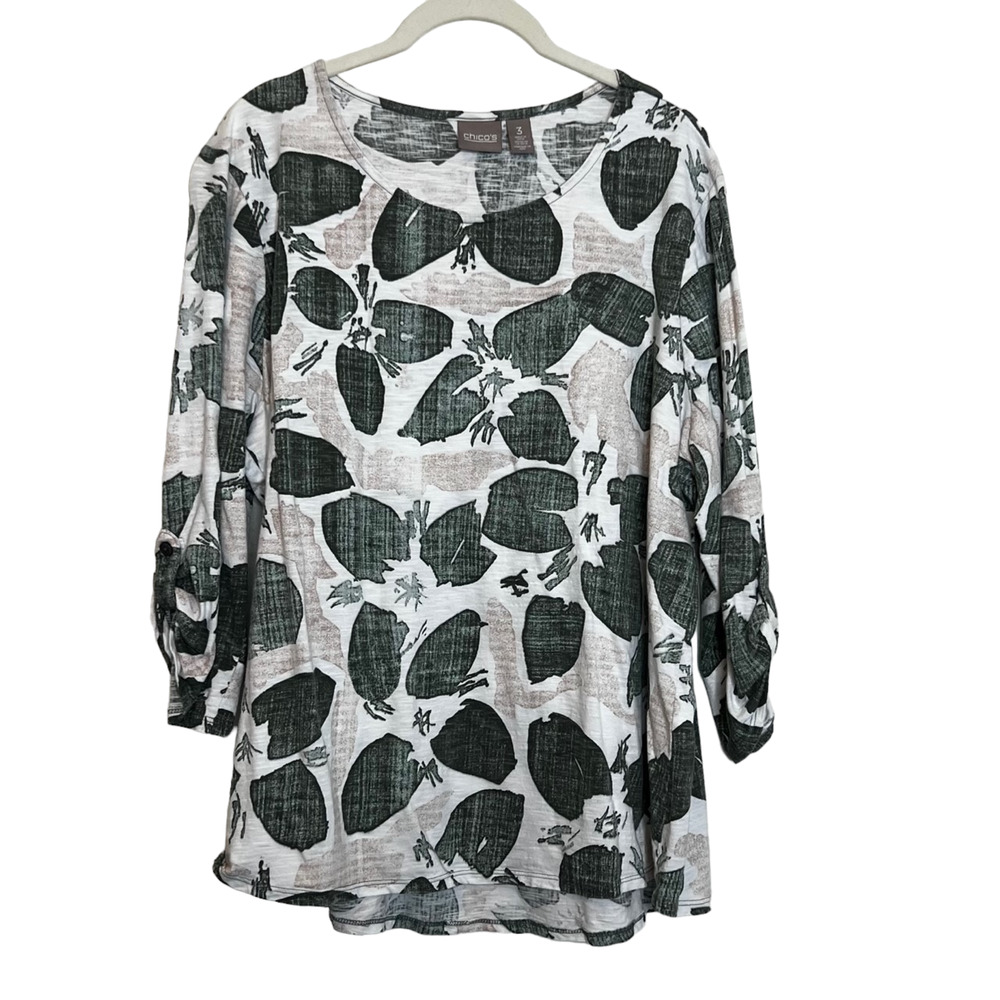 Chicos Womens Blouse XL Green Beige Abstract Leaf Print Roll Tab Sleeves Cotton